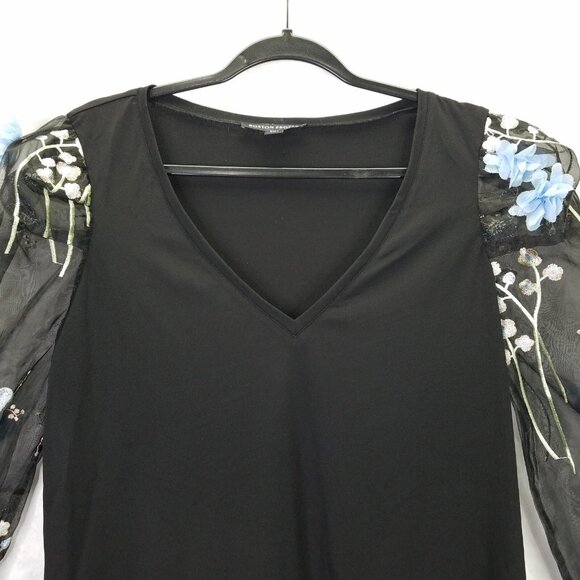 Boston Proper Blouse Sz L 3-D Floral Embellished Organza Sheer Puff Sleeve Black - Picture 3 of 16